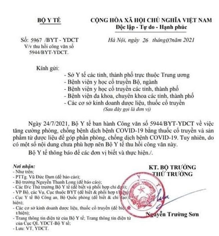 Công văn thu hồi của Bộ Y Tế do thứ trưởng Nguyễn Trường Sơn ký