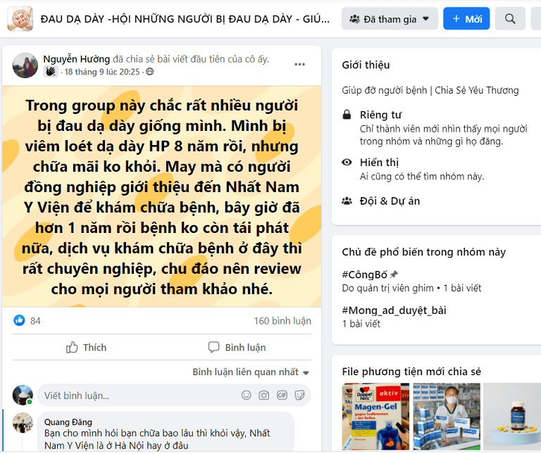 Review của bệnh nhân Nguyễn Hường trên group Đau dạ dày