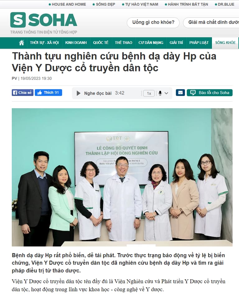 Báo Soha.vn và bài viết đưa tin về đề án nghiên cứu bệnh dạ dày Viện Y Dược cổ truyền dân tộc